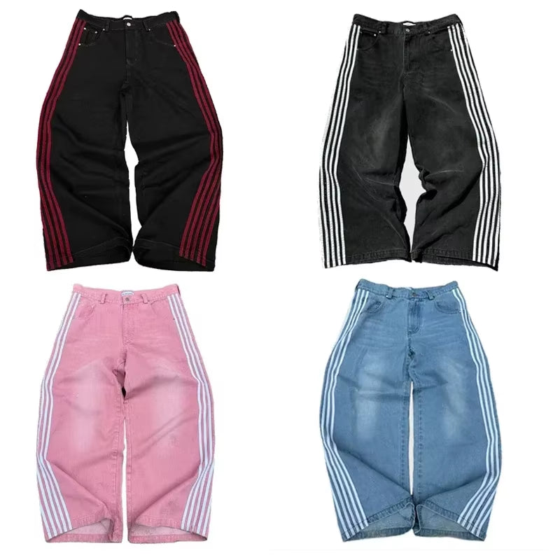 Y2K Baggy Jeans High Quality Embroidered Striped Harajuku Sweatpants Men Women Hip Hop Streetwear Casual Wide Leg Denim Pants