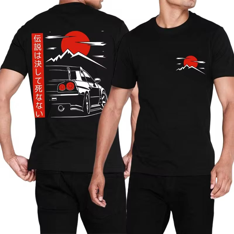 Japanese Style Car JDM Culture GTR Racing T Shirts Back Print Street Wear Original Design Oversized 100% Cotton Tops Tee Homme