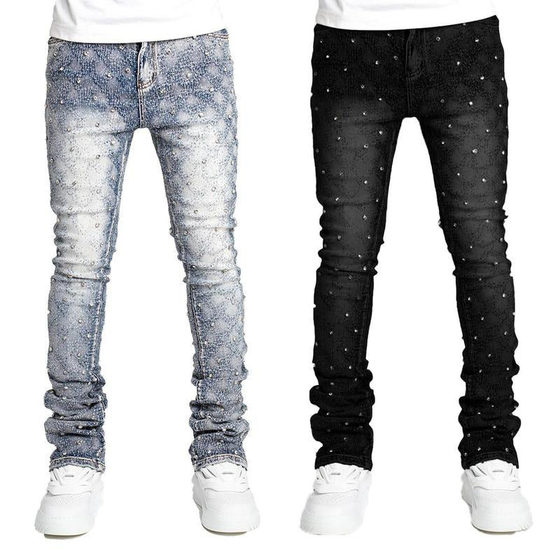 【Rvesoi】Men'S Stretch Jeans Ripped Stack Jeans Spliced Distressed Jeans Y2K Harajuku Emo Hip Hop Pants, Pearl Jeans