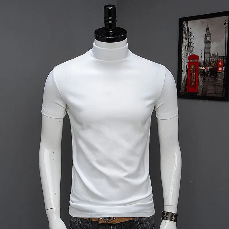 Fashion Men'S Summer Korean Style plus Size Harajuku T-Shirt Short Sleeve High Neck Turtleneck Slim Fit Luxury Clothing Male