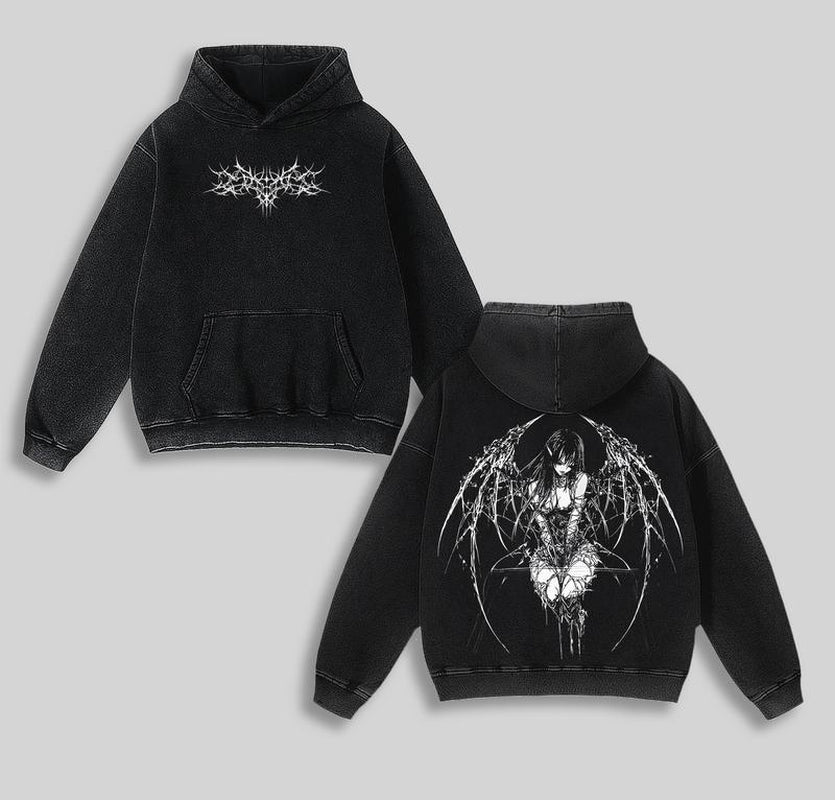 Gothic Y2K Anime Angel Cotton Hoodie, Gothic Hoodie, Cotton Hoodie, Y2K Clothing, Menswear Oversized Sweatshirts Tops Casual Crewneck Natural Animal