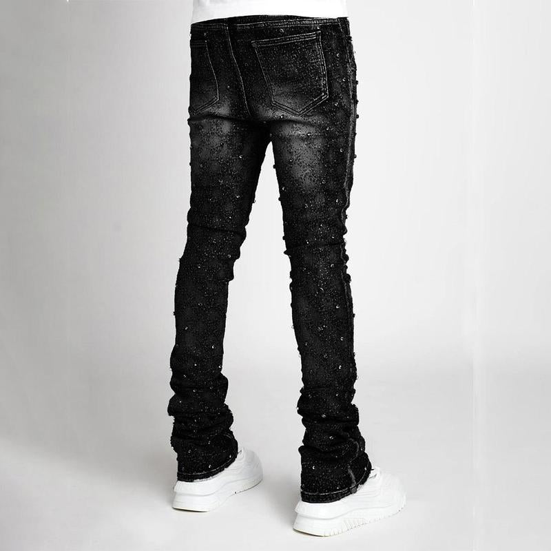 【Rvesoi】Men'S Stretch Jeans Ripped Stack Jeans Spliced Distressed Jeans Y2K Harajuku Emo Hip Hop Pants, Pearl Jeans