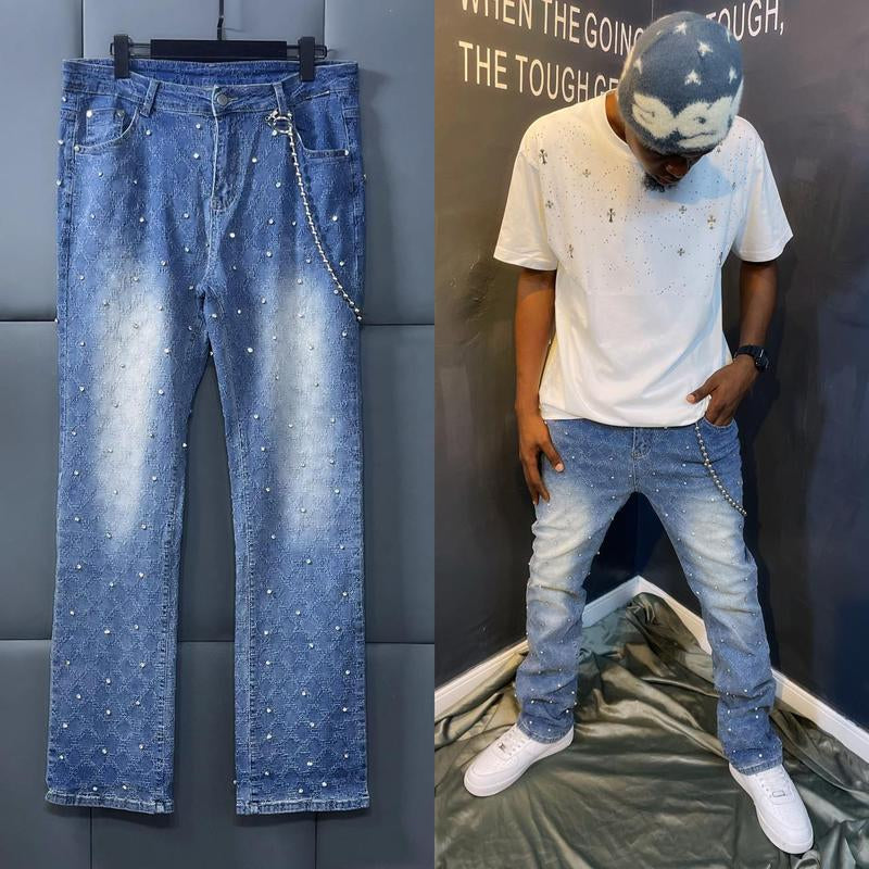 【Rvesoi】Men'S Stretch Jeans Ripped Stack Jeans Spliced Distressed Jeans Y2K Harajuku Emo Hip Hop Pants, Pearl Jeans