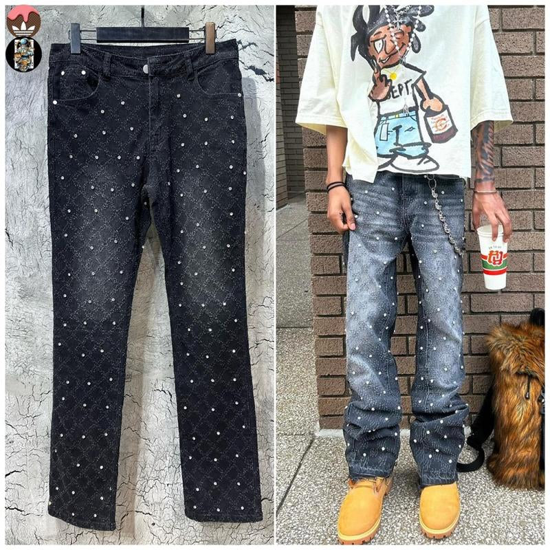 【Rvesoi】Men'S Stretch Jeans Ripped Stack Jeans Spliced Distressed Jeans Y2K Harajuku Emo Hip Hop Pants, Pearl Jeans