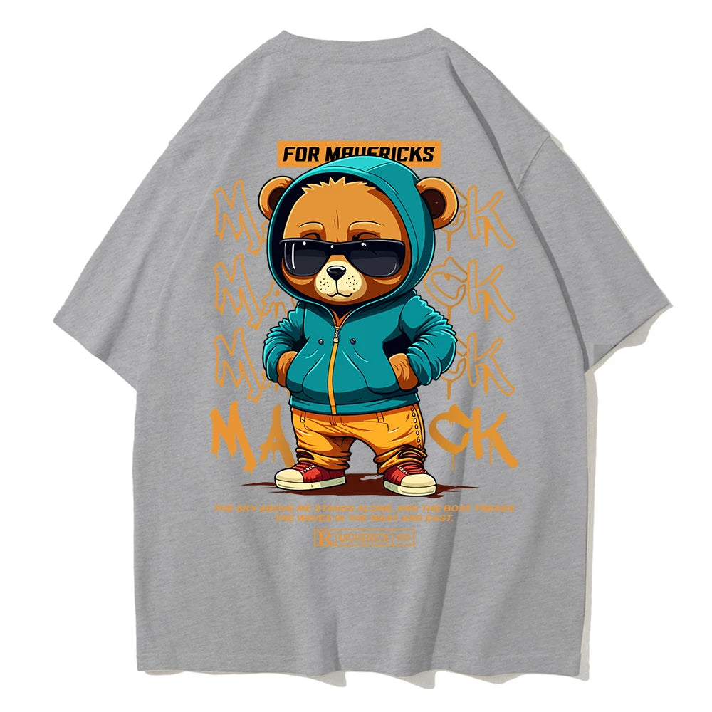 Cotton Fashion Bear Pattern Printed Men'S T Shirt round Neck Loose Tops Breathable Comfortable Casual Oversized Women Clothing