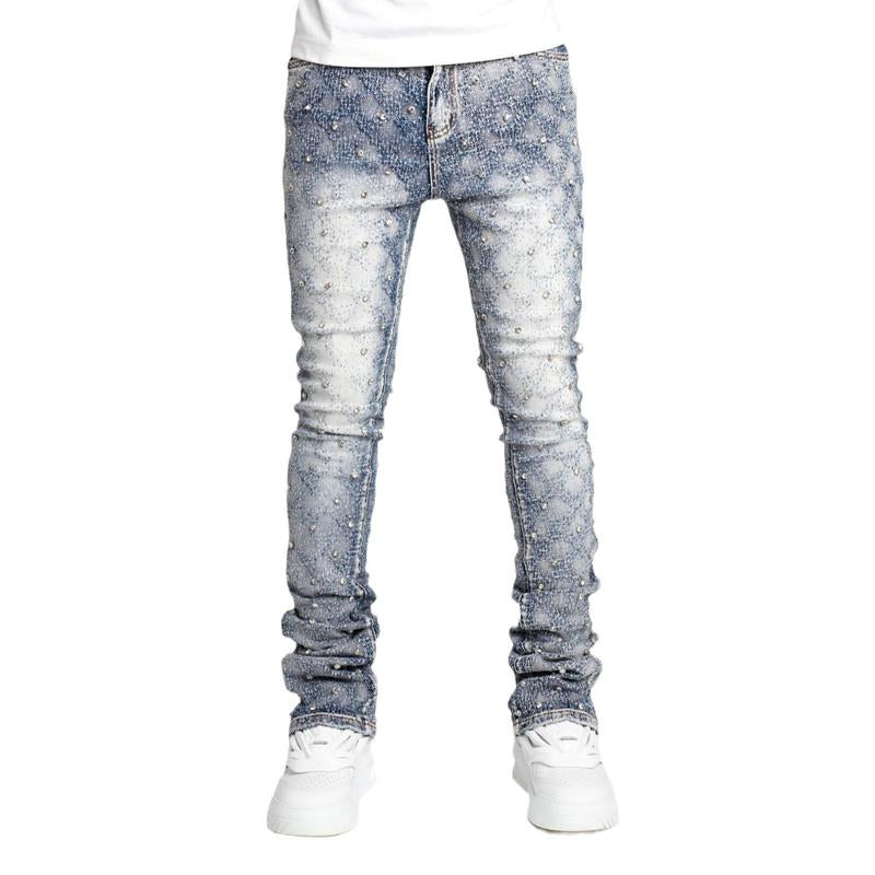 【Rvesoi】Men'S Stretch Jeans Ripped Stack Jeans Spliced Distressed Jeans Y2K Harajuku Emo Hip Hop Pants, Pearl Jeans