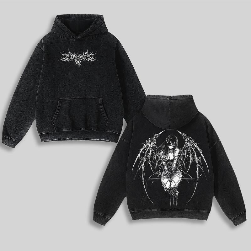 Gothic Y2K Anime Angel Cotton Hoodie, Gothic Hoodie, Cotton Hoodie, Y2K Clothing, Menswear Oversized Sweatshirts Tops Casual Crewneck Natural Animal