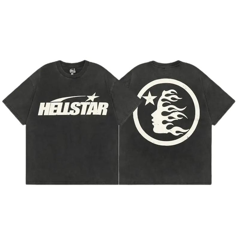 Hellstar Shirt Letter Printed Casual Loose Short Sleeve round Shirt Cotton Menswear