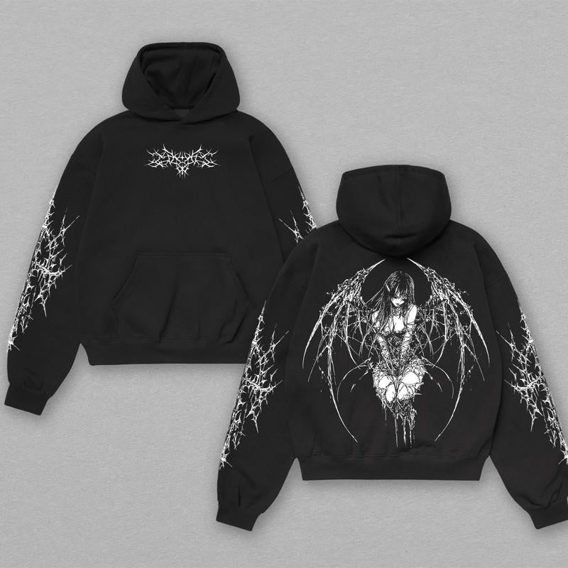 Gothic Y2K Anime Angel Cotton Hoodie, Gothic Hoodie, Cotton Hoodie, Y2K Clothing, Menswear Oversized Sweatshirts Tops Casual Crewneck Natural Animal